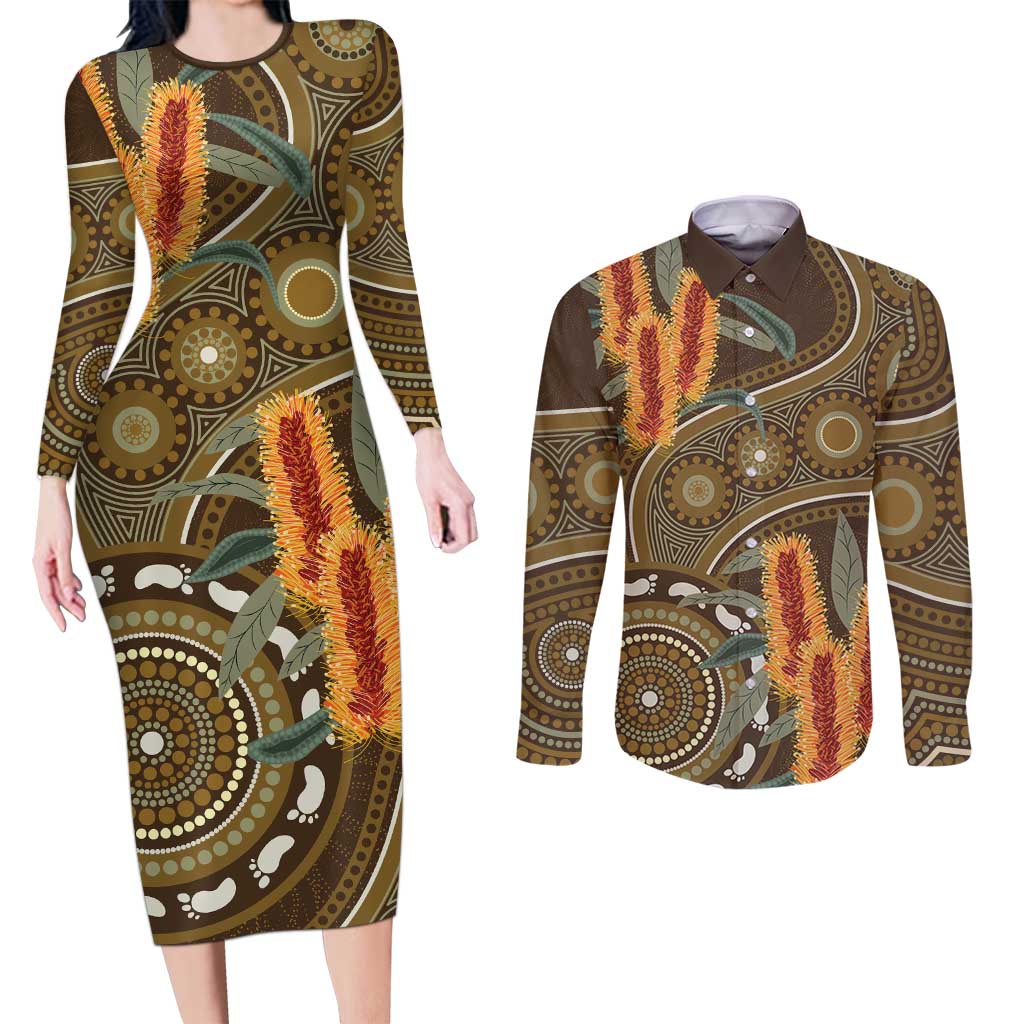 Australian Yellow Banksia Flowers Couples Matching Long Sleeve Bodycon Dress and Long Sleeve Button Shirt Aboriginal Dot Art