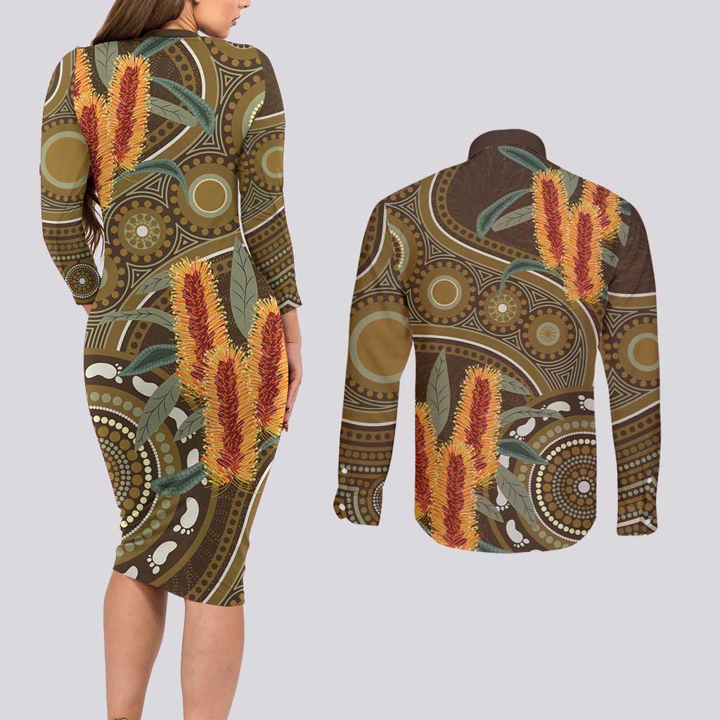 Australian Yellow Banksia Flowers Couples Matching Long Sleeve Bodycon Dress and Long Sleeve Button Shirt Aboriginal Dot Art