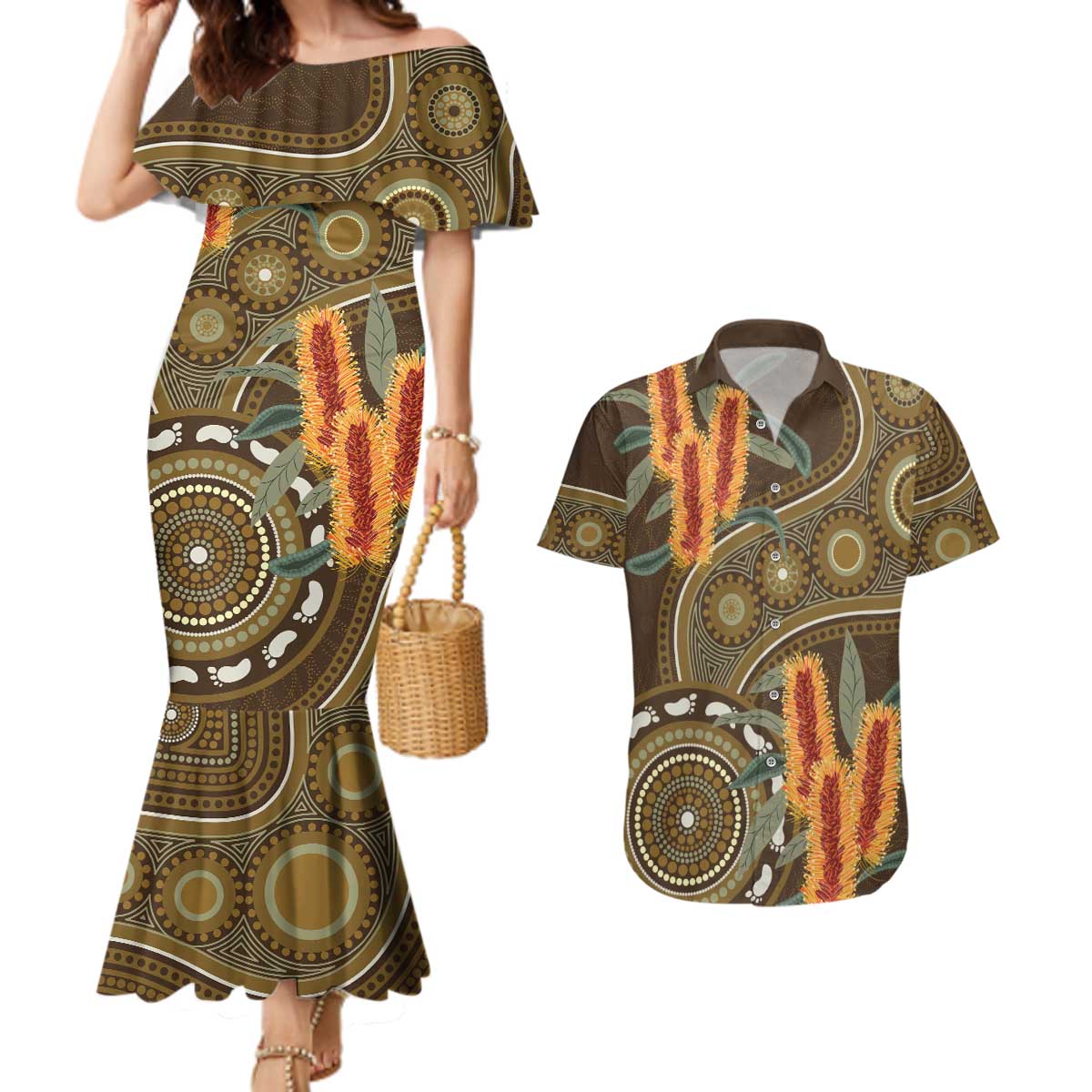 Australian Yellow Banksia Flowers Couples Matching Mermaid Dress and Hawaiian Shirt Aboriginal Dot Art