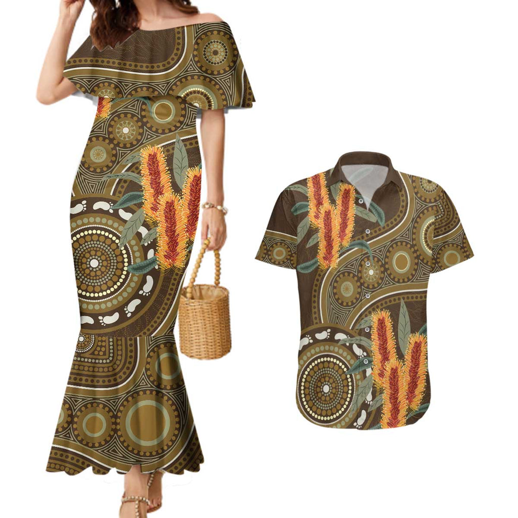 Australian Yellow Banksia Flowers Couples Matching Mermaid Dress and Hawaiian Shirt Aboriginal Dot Art