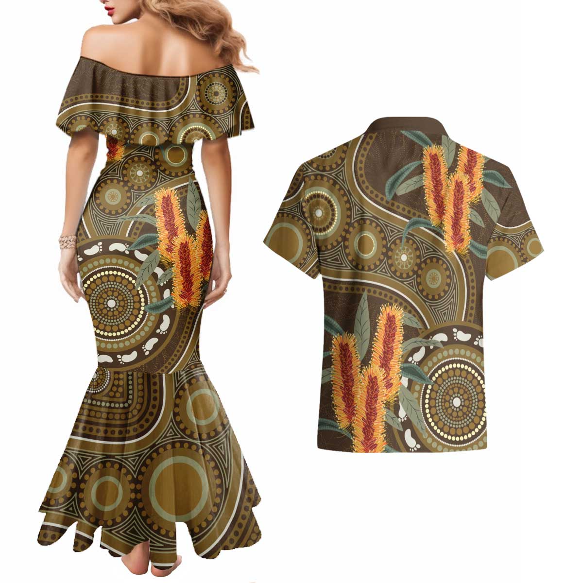 Australian Yellow Banksia Flowers Couples Matching Mermaid Dress and Hawaiian Shirt Aboriginal Dot Art