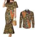 Australian Yellow Banksia Flowers Couples Matching Mermaid Dress and Long Sleeve Button Shirt Aboriginal Dot Art