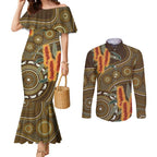Australian Yellow Banksia Flowers Couples Matching Mermaid Dress and Long Sleeve Button Shirt Aboriginal Dot Art