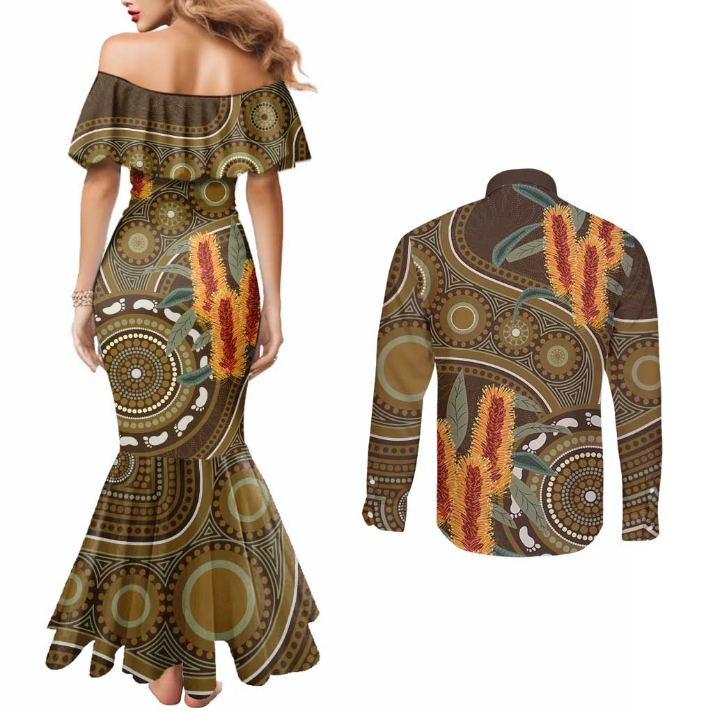 Australian Yellow Banksia Flowers Couples Matching Mermaid Dress and Long Sleeve Button Shirt Aboriginal Dot Art