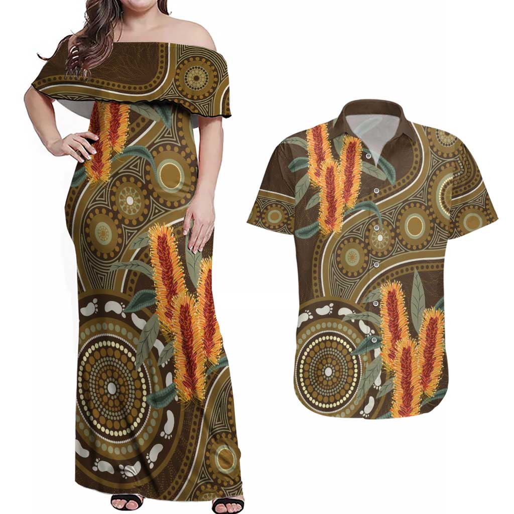 Australian Yellow Banksia Flowers Couples Matching Off Shoulder Maxi Dress and Hawaiian Shirt Aboriginal Dot Art