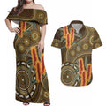 Australian Yellow Banksia Flowers Couples Matching Off Shoulder Maxi Dress and Hawaiian Shirt Aboriginal Dot Art