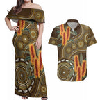 Australian Yellow Banksia Flowers Couples Matching Off Shoulder Maxi Dress and Hawaiian Shirt Aboriginal Dot Art