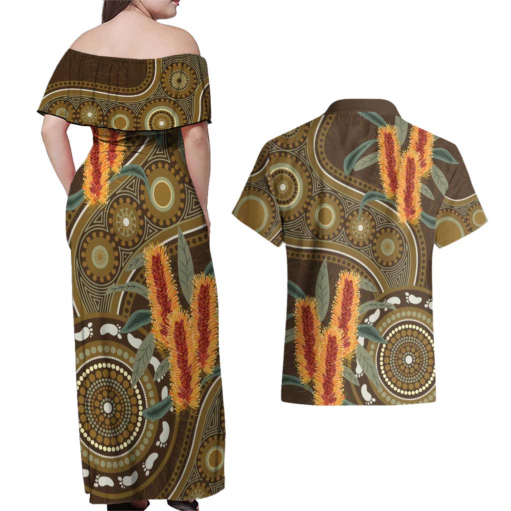 Australian Yellow Banksia Flowers Couples Matching Off Shoulder Maxi Dress and Hawaiian Shirt Aboriginal Dot Art