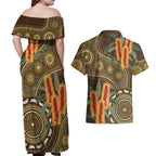 Australian Yellow Banksia Flowers Couples Matching Off Shoulder Maxi Dress and Hawaiian Shirt Aboriginal Dot Art