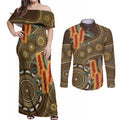 Australian Yellow Banksia Flowers Couples Matching Off Shoulder Maxi Dress and Long Sleeve Button Shirt Aboriginal Dot Art