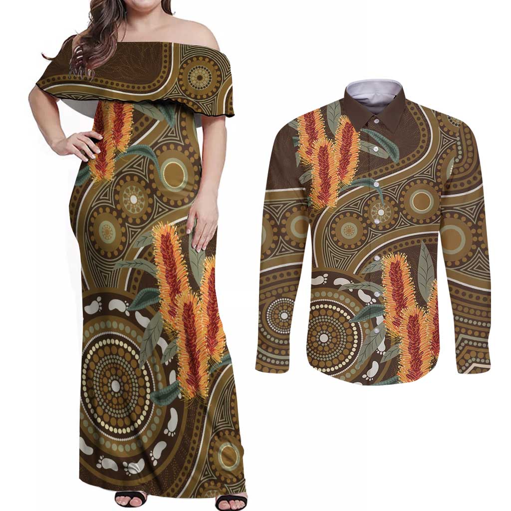 Australian Yellow Banksia Flowers Couples Matching Off Shoulder Maxi Dress and Long Sleeve Button Shirt Aboriginal Dot Art
