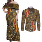 Australian Yellow Banksia Flowers Couples Matching Off Shoulder Maxi Dress and Long Sleeve Button Shirt Aboriginal Dot Art