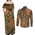 Australian Yellow Banksia Flowers Couples Matching Off Shoulder Maxi Dress and Long Sleeve Button Shirt Aboriginal Dot Art