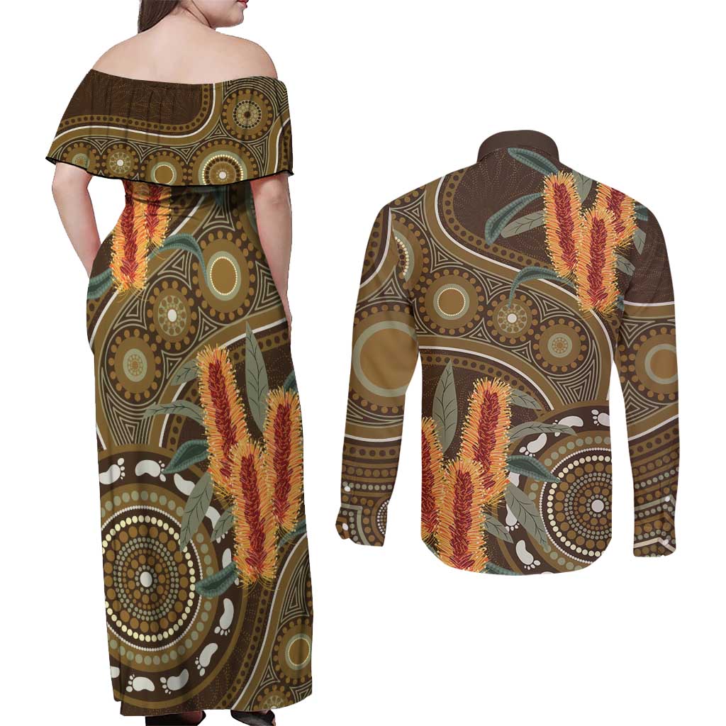 Australian Yellow Banksia Flowers Couples Matching Off Shoulder Maxi Dress and Long Sleeve Button Shirt Aboriginal Dot Art