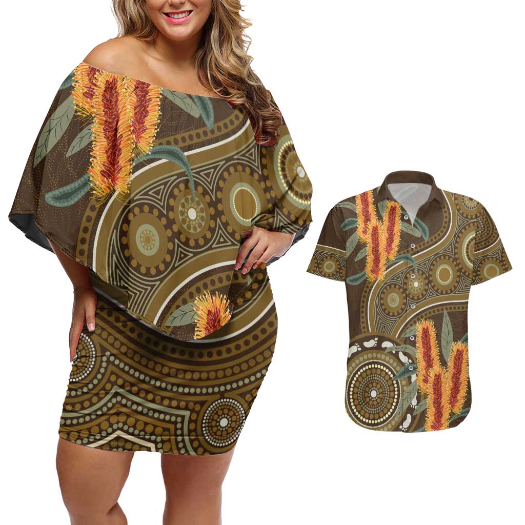 Australian Yellow Banksia Flowers Couples Matching Off Shoulder Short Dress and Hawaiian Shirt Aboriginal Dot Art