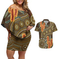 Australian Yellow Banksia Flowers Couples Matching Off Shoulder Short Dress and Hawaiian Shirt Aboriginal Dot Art