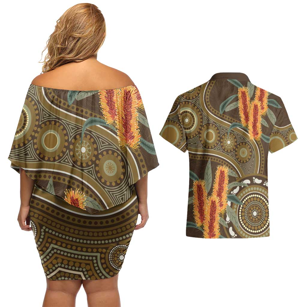 Australian Yellow Banksia Flowers Couples Matching Off Shoulder Short Dress and Hawaiian Shirt Aboriginal Dot Art