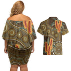 Australian Yellow Banksia Flowers Couples Matching Off Shoulder Short Dress and Hawaiian Shirt Aboriginal Dot Art