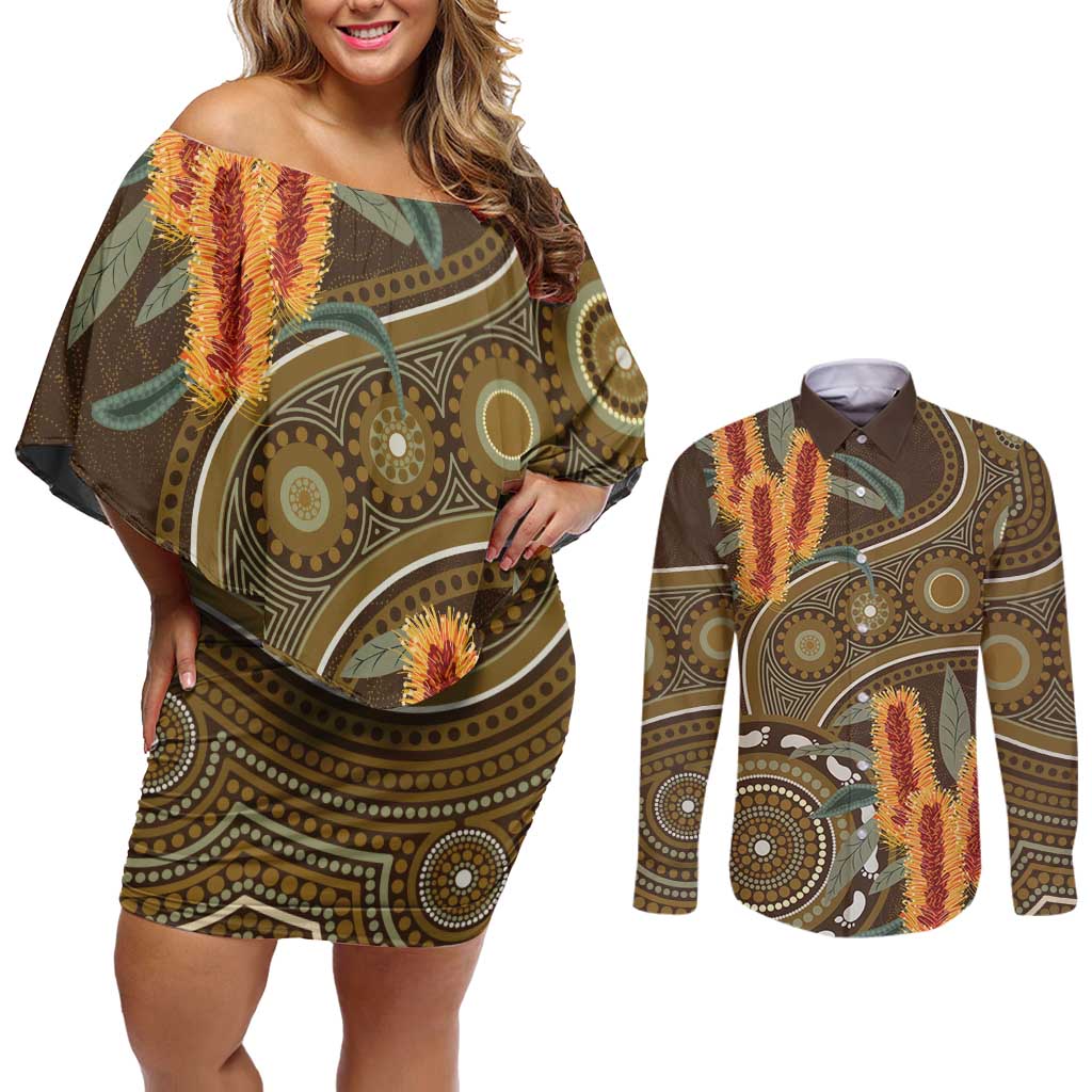 Australian Yellow Banksia Flowers Couples Matching Off Shoulder Short Dress and Long Sleeve Button Shirt Aboriginal Dot Art