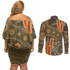Australian Yellow Banksia Flowers Couples Matching Off Shoulder Short Dress and Long Sleeve Button Shirt Aboriginal Dot Art