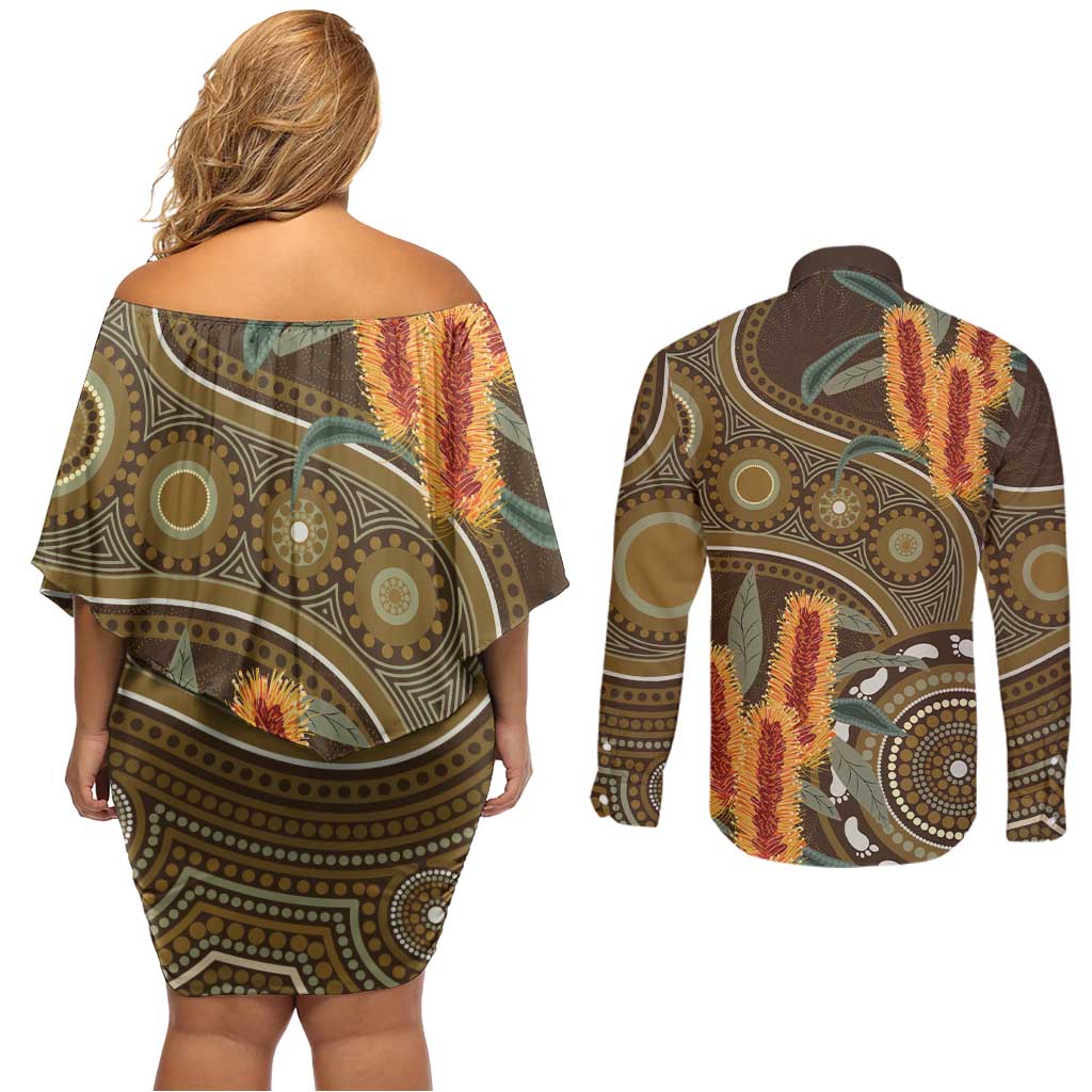 Australian Yellow Banksia Flowers Couples Matching Off Shoulder Short Dress and Long Sleeve Button Shirt Aboriginal Dot Art