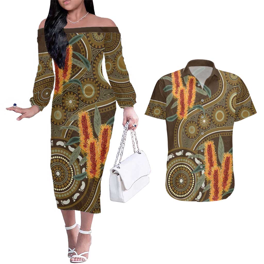 Australian Yellow Banksia Flowers Couples Matching Off The Shoulder Long Sleeve Dress and Hawaiian Shirt Aboriginal Dot Art