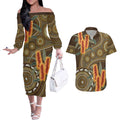 Australian Yellow Banksia Flowers Couples Matching Off The Shoulder Long Sleeve Dress and Hawaiian Shirt Aboriginal Dot Art