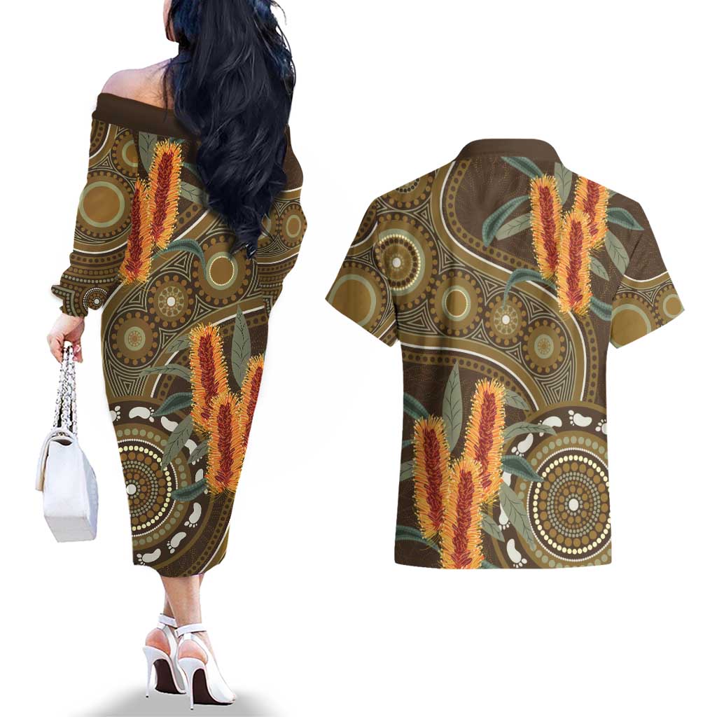 Australian Yellow Banksia Flowers Couples Matching Off The Shoulder Long Sleeve Dress and Hawaiian Shirt Aboriginal Dot Art