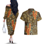 Australian Yellow Banksia Flowers Couples Matching Off The Shoulder Long Sleeve Dress and Hawaiian Shirt Aboriginal Dot Art