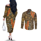 Australian Yellow Banksia Flowers Couples Matching Off The Shoulder Long Sleeve Dress and Long Sleeve Button Shirt Aboriginal Dot Art