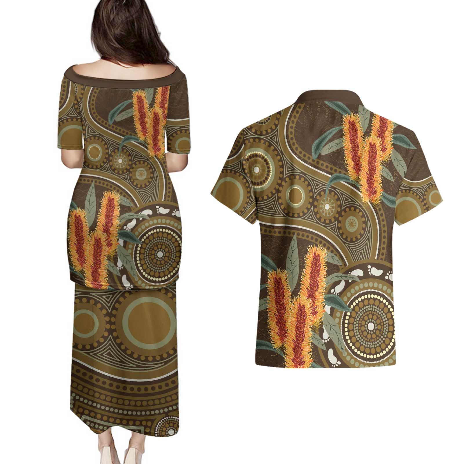 Australian Yellow Banksia Flowers Couples Matching Puletasi and Hawaiian Shirt Aboriginal Dot Art