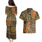 Australian Yellow Banksia Flowers Couples Matching Puletasi and Hawaiian Shirt Aboriginal Dot Art