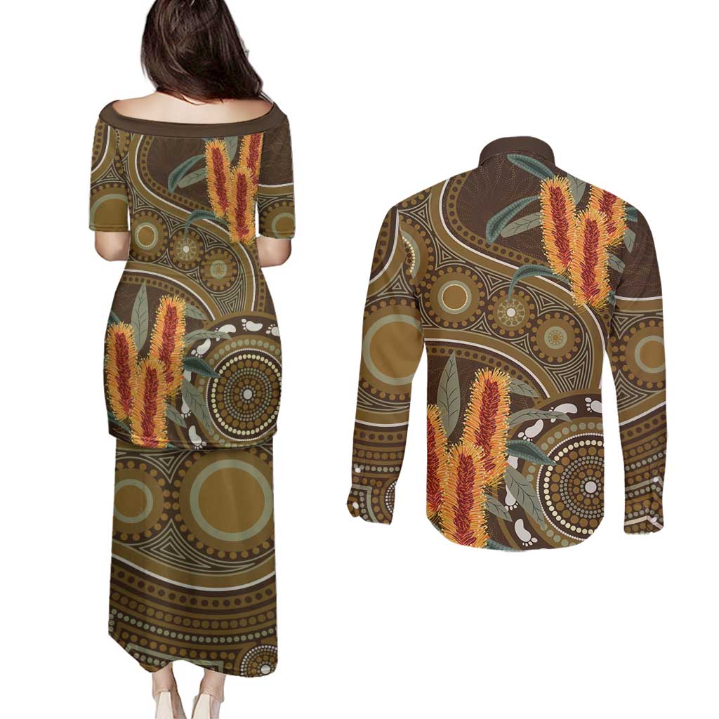 Australian Yellow Banksia Flowers Couples Matching Puletasi and Long Sleeve Button Shirt Aboriginal Dot Art