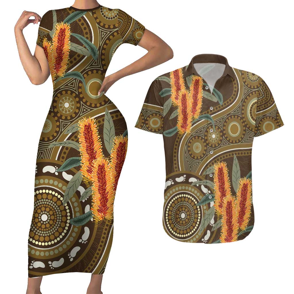Australian Yellow Banksia Flowers Couples Matching Short Sleeve Bodycon Dress and Hawaiian Shirt Aboriginal Dot Art