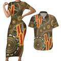 Australian Yellow Banksia Flowers Couples Matching Short Sleeve Bodycon Dress and Hawaiian Shirt Aboriginal Dot Art