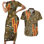 Australian Yellow Banksia Flowers Couples Matching Short Sleeve Bodycon Dress and Hawaiian Shirt Aboriginal Dot Art