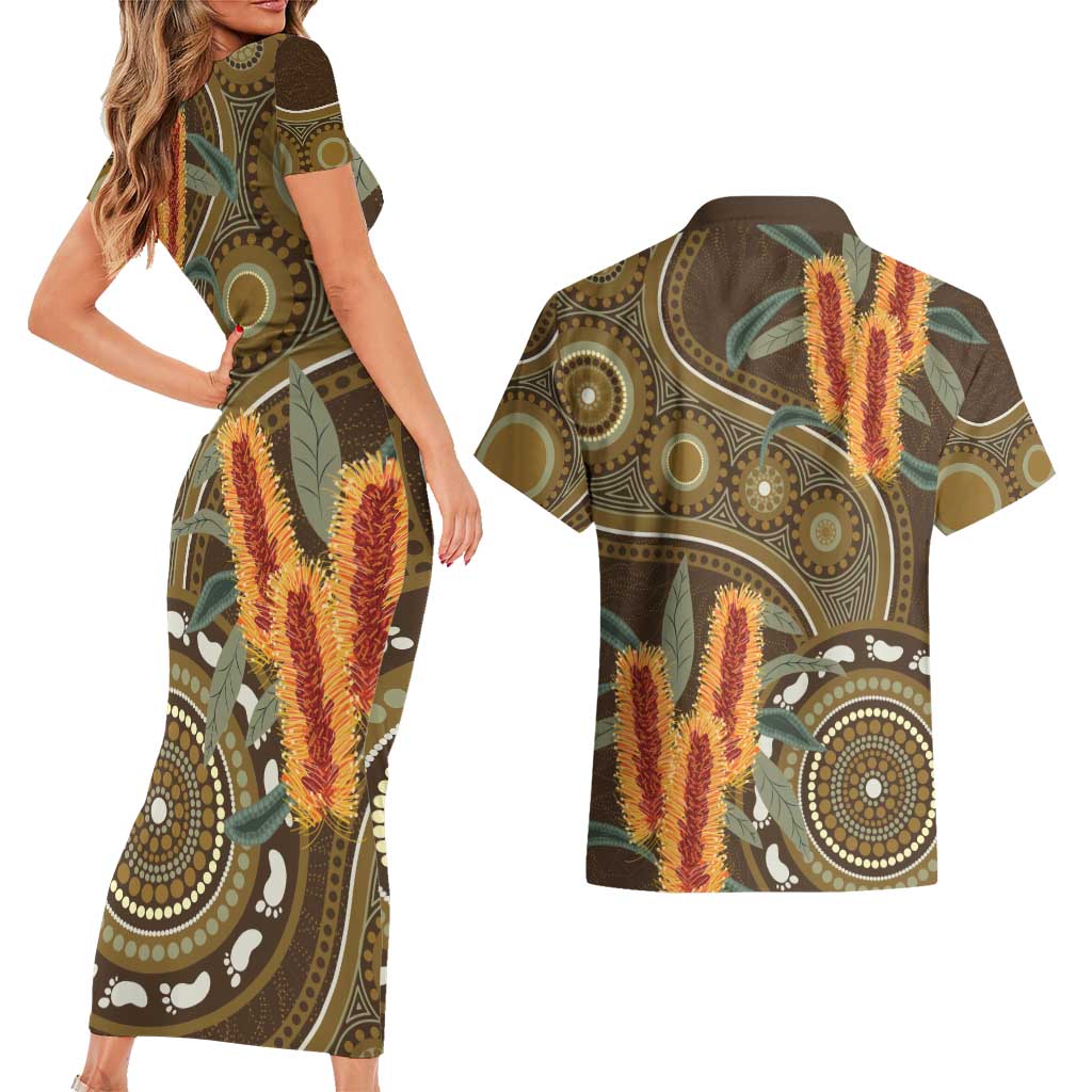Australian Yellow Banksia Flowers Couples Matching Short Sleeve Bodycon Dress and Hawaiian Shirt Aboriginal Dot Art