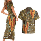 Australian Yellow Banksia Flowers Couples Matching Short Sleeve Bodycon Dress and Hawaiian Shirt Aboriginal Dot Art