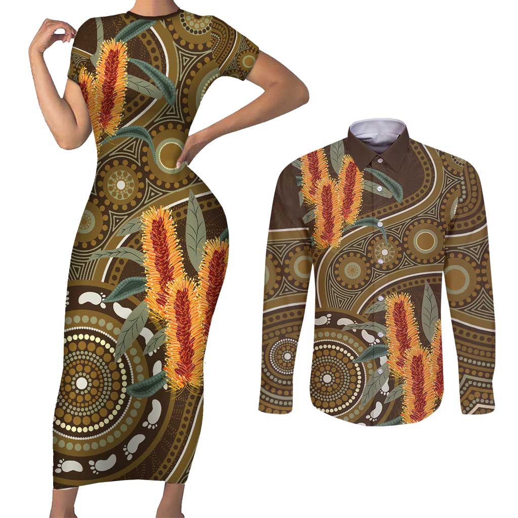 Australian Yellow Banksia Flowers Couples Matching Short Sleeve Bodycon Dress and Long Sleeve Button Shirt Aboriginal Dot Art