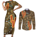 Australian Yellow Banksia Flowers Couples Matching Short Sleeve Bodycon Dress and Long Sleeve Button Shirt Aboriginal Dot Art