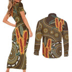 Australian Yellow Banksia Flowers Couples Matching Short Sleeve Bodycon Dress and Long Sleeve Button Shirt Aboriginal Dot Art