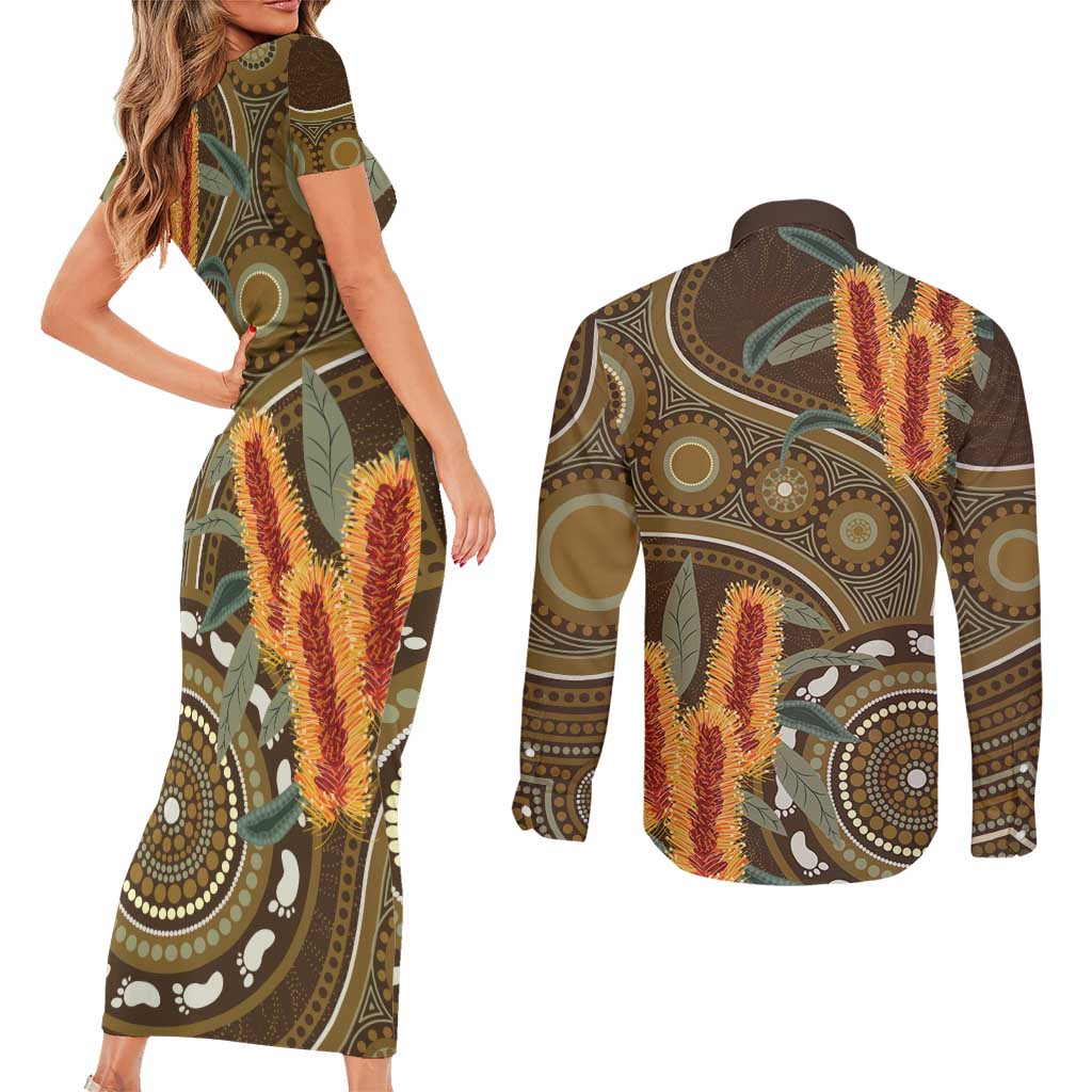 Australian Yellow Banksia Flowers Couples Matching Short Sleeve Bodycon Dress and Long Sleeve Button Shirt Aboriginal Dot Art