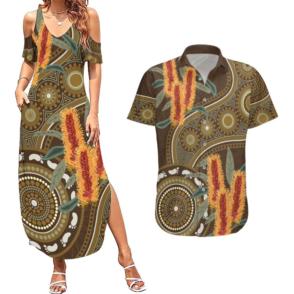 Australian Yellow Banksia Flowers Couples Matching Summer Maxi Dress and Hawaiian Shirt Aboriginal Dot Art