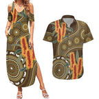 Australian Yellow Banksia Flowers Couples Matching Summer Maxi Dress and Hawaiian Shirt Aboriginal Dot Art