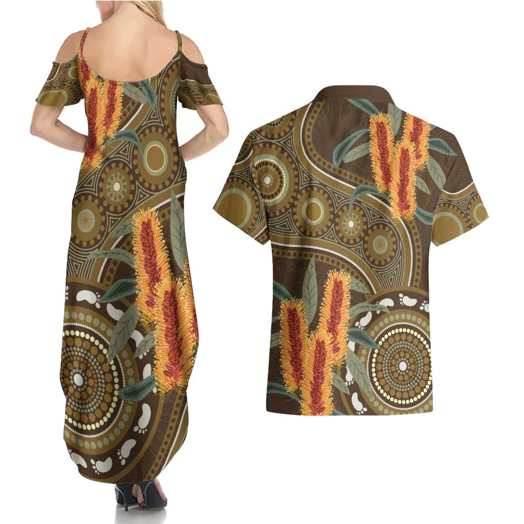 Australian Yellow Banksia Flowers Couples Matching Summer Maxi Dress and Hawaiian Shirt Aboriginal Dot Art