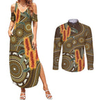 Australian Yellow Banksia Flowers Couples Matching Summer Maxi Dress and Long Sleeve Button Shirt Aboriginal Dot Art