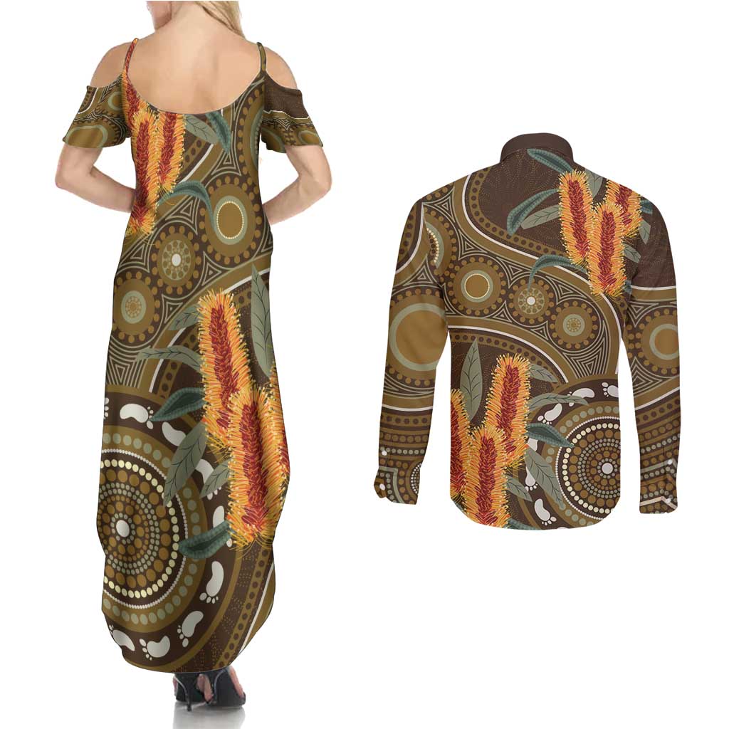 Australian Yellow Banksia Flowers Couples Matching Summer Maxi Dress and Long Sleeve Button Shirt Aboriginal Dot Art