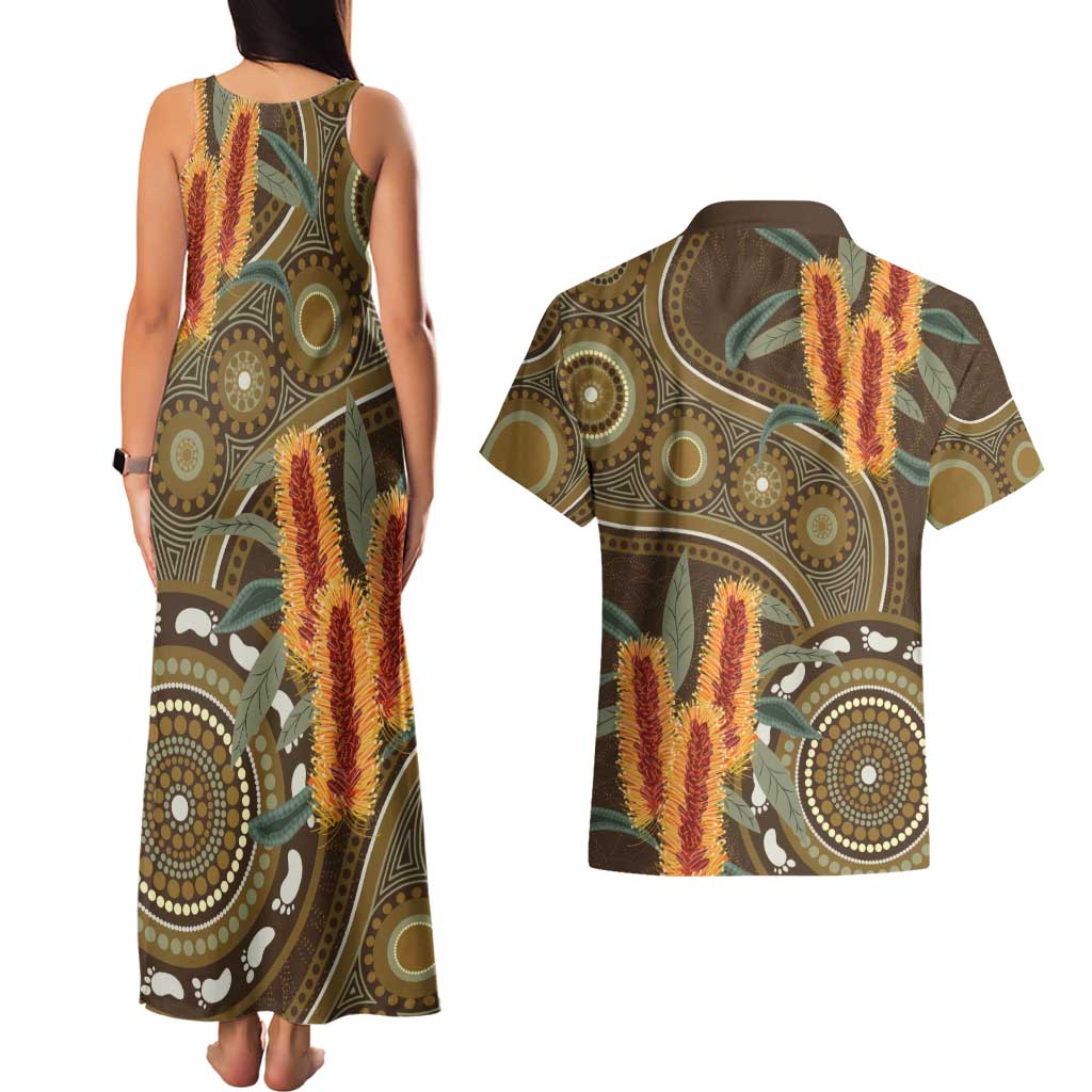 Australian Yellow Banksia Flowers Couples Matching Tank Maxi Dress and Hawaiian Shirt Aboriginal Dot Art