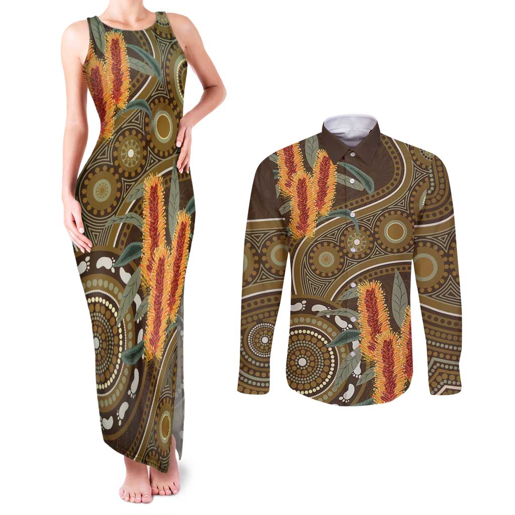 Australian Yellow Banksia Flowers Couples Matching Tank Maxi Dress and Long Sleeve Button Shirt Aboriginal Dot Art