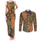 Australian Yellow Banksia Flowers Couples Matching Tank Maxi Dress and Long Sleeve Button Shirt Aboriginal Dot Art